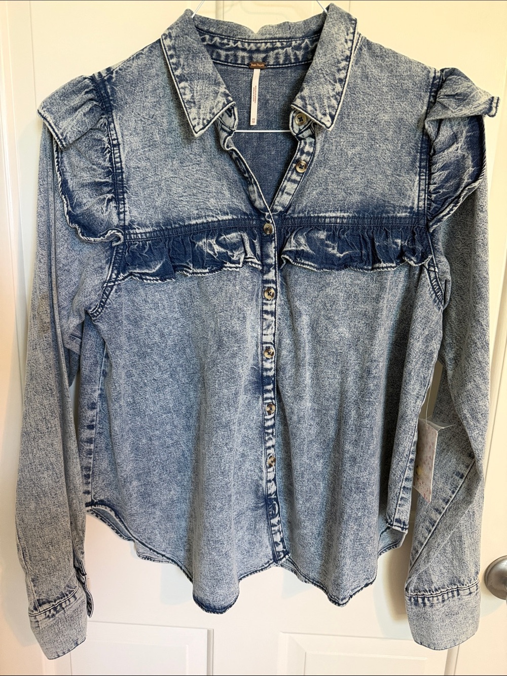 Free People NWT Light Blue Mineral-Wash Ruffle Denim Button-Down